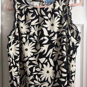 CeCe Black and White Floral Sleeveless Blouse